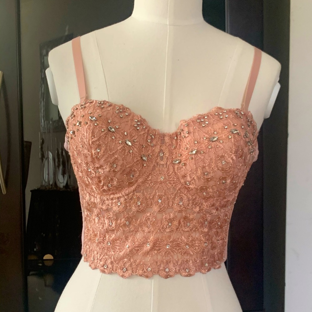 Mauve crystal & lace bustier